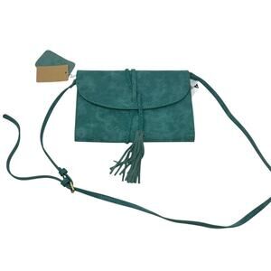 Anthropologie Purse Vegan Leather Teal Green Crossbody Clutch Bag Tassel Braided